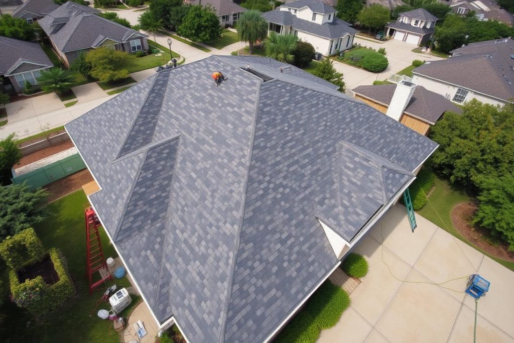 Complete roof replacement being performed on Houston home