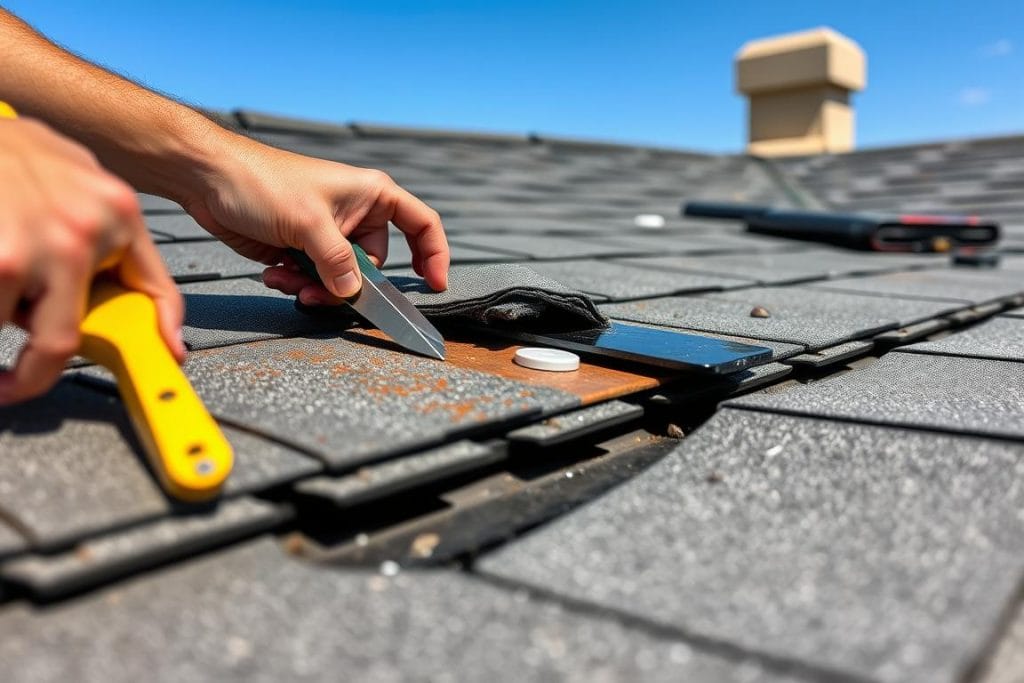 Roof repair specialists fixing damaged shingles in Houston