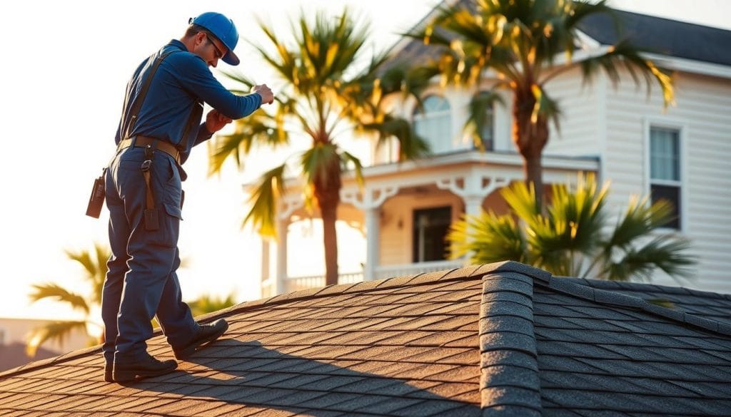 A Galveston contractor in a blue work uniform stands on a residential roof, carefully inspecting the shingles. The scene is bathed in warm, golden sunlight, casting long shadows across the textured tiles. In the background, a classic Texas coastal house with white siding and a wraparound porch comes into view, surrounded by lush, verdant palm trees. The overall atmosphere conveys a sense of expertise, attention to detail, and the reliable professionalism of "Contractor near Galveston Tx", a local roofing company dedicated to providing top-quality services to the West Galveston community.
