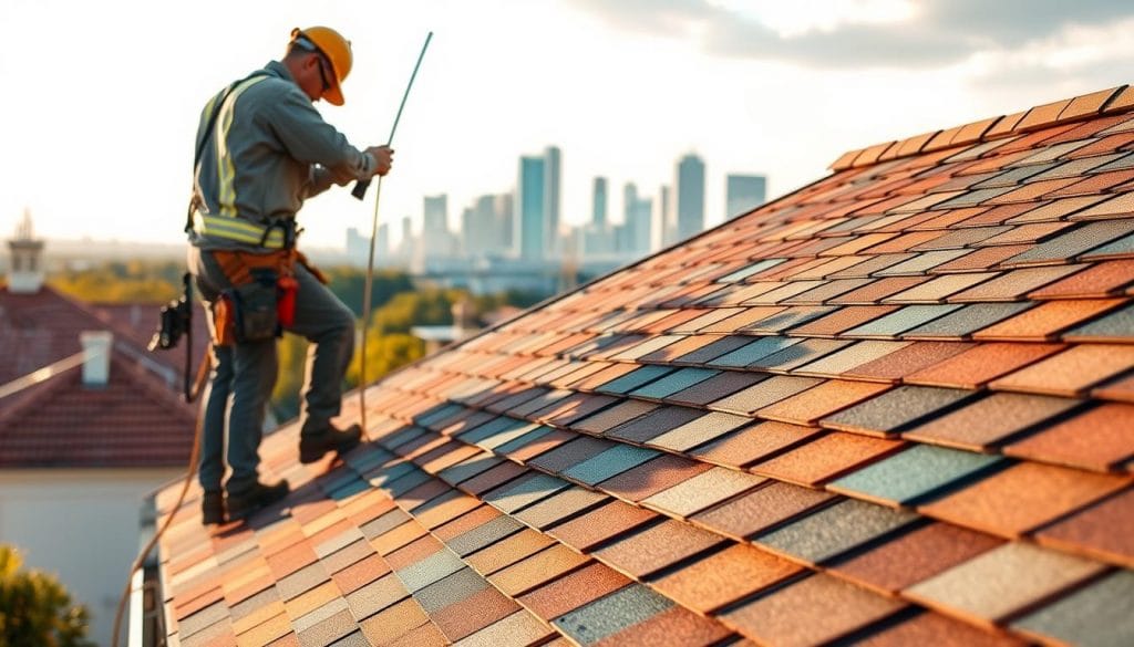 A Houston roofing services process, showcasing the expertise of "Contractor near Galveston Tx". In the foreground, skilled technicians carefully inspect the roof, meticulously noting any damage or wear. The middle ground reveals the seamless installation of new shingles, their vibrant colors complementing the city's skyline in the distant background. Warm, natural lighting casts a soft glow, highlighting the diligence and care taken throughout the process. The scene conveys a sense of professionalism and attention to detail, reflecting the high-quality workmanship that the "Contractor near Galveston Tx" is known for. A Houston roofing services process, showcasing the expertise of "Contractor near Galveston Tx". In the foreground, skilled technicians carefully inspect the roof, meticulously noting any damage or wear. The middle ground reveals the seamless installation of new shingles, their vibrant colors complementing the city's skyline in the distant background. Warm, natural lighting casts a soft glow, highlighting the diligence and care taken throughout the process. The scene conveys a sense of professionalism and attention to detail, reflecting the high-quality workmanship that the "Contractor near Galveston Tx" is known for.