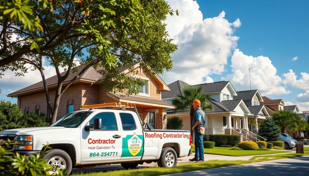 A serene residential neighborhood in Galveston, Texas, with well-maintained homes and lush greenery. In the foreground, a professional roofing contractor's truck, emblazoned with the brand name "Contractor near Galveston Tx", is parked in front of a cozy two-story house. The contractor, wearing a hard hat and overalls, is inspecting the roof, assessing the need for <a href='https://rockinrooftops.com/how-to-repair-your-roof/'>repairs or a complete roof</a> replacement. The mid-ground features a mix of traditional and modern architectural styles, showcasing the variety of homes in the area. The background is framed by a clear blue sky with fluffy white clouds, creating a warm and inviting atmosphere.” title=”A serene residential neighborhood in Galveston, Texas, with well-maintained homes and lush greenery. In the foreground, a professional roofing contractor's truck, emblazoned with the brand name "Contractor near Galveston Tx", is parked in front of a cozy two-story house. The contractor, wearing a hard hat and overalls, is inspecting the roof, assessing the need for <a href='https://rockinrooftops.com/how-to-repair-your-roof/'>repairs or a complete roof</a> replacement. The mid-ground features a mix of traditional and modern architectural styles, showcasing the variety of homes in the area. The background is framed by a clear blue sky with fluffy white clouds, creating a warm and inviting atmosphere.” width=”1024″ height=”585″ class=”aligncenter size-large wp-image-2814″ /></p><p>Finding a good roofer in Galveston, TX, takes a few steps. It’s important to know what to look for in a roofer. This helps you make a smart choice.</p><h3>Research Online Reviews</h3><p>Start by <strong>looking at online reviews</strong>. Sites like Yelp and Google Reviews can tell you a lot. Look for roofers with lots of good reviews. See how they handle both good and bad feedback.</p><h3>Ask for Referrals</h3><p>Another good way is to <em>get referrals</em> from people you know. Friends and family can give you a good idea of a roofer’s work. Local stores might also know a thing or two about a roofer’s reputation.</p><p>For more info on finding a good roofer, check out <a href=