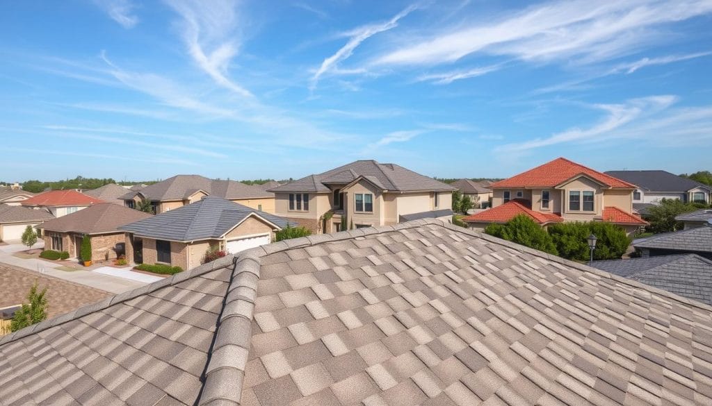 A well-lit, high-resolution image of a residential neighborhood in Houston, TX, showcasing the roofing services of "Rockin' Rooftops". In the foreground, a freshly installed, stylish asphalt shingle roof in a warm gray tone stands out. The middle ground features a mix of diverse home styles, each with their own unique roofing solutions, reflecting the company's versatility. In the background, a clear blue sky with wispy clouds sets the scene. The image conveys a sense of quality, reliability, and attention to detail that Rockin' Rooftops brings to their residential roofing services in Houston. A well-lit, high-resolution image of a residential neighborhood in Houston, TX, showcasing the roofing services of "Rockin' Rooftops". In the foreground, a freshly installed, stylish asphalt shingle roof in a warm gray tone stands out. The middle ground features a mix of diverse home styles, each with their own unique roofing solutions, reflecting the company's versatility. In the background, a clear blue sky with wispy clouds sets the scene. The image conveys a sense of quality, reliability, and attention to detail that Rockin' Rooftops brings to their residential roofing services in Houston.
